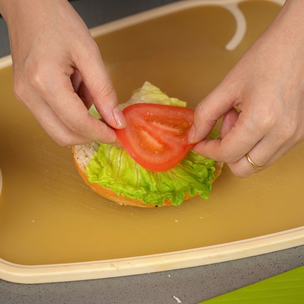 レタスの上に、厚切りにした赤いトマトを乗せている様子。