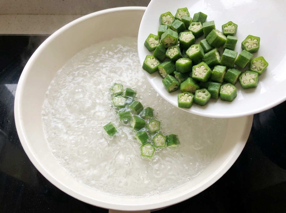 白いお皿から沸騰したお湯の中にオクラを滑らせるように入れている様子。
