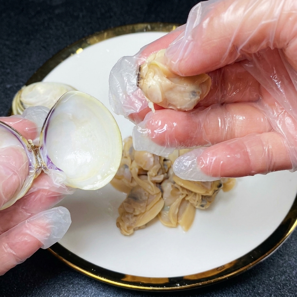 手袋をした手で、茹でたあさりの殻から身を丁寧に取り出し、皿に集めている様子。