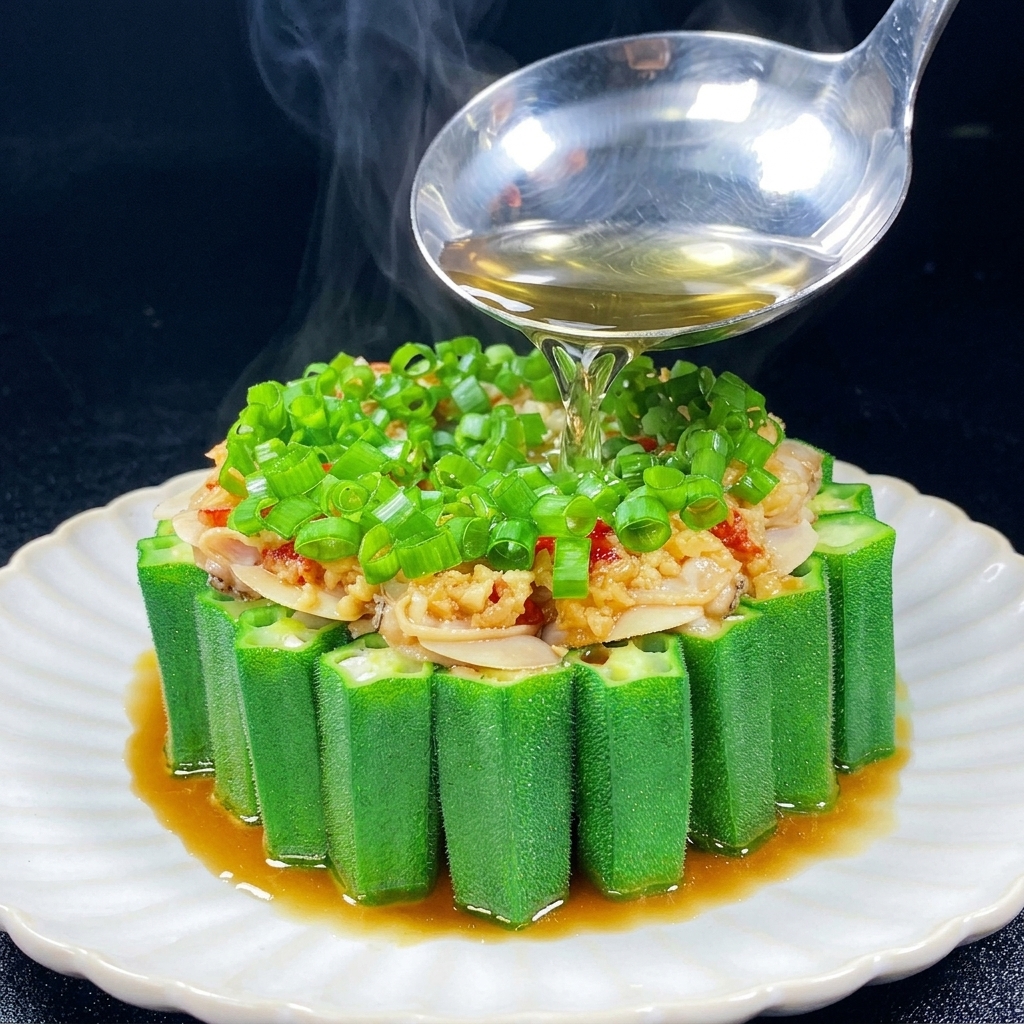 お玉で熱々の油を料理に注ぎ、湯気が立ち上っている瞬間を捉えた写真。