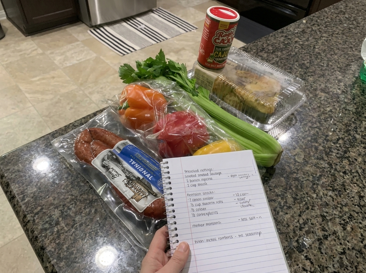 調理台に並べられたセロリ、パプリカ、燻製ソーセージなどの材料と、手書きのレシピノート。