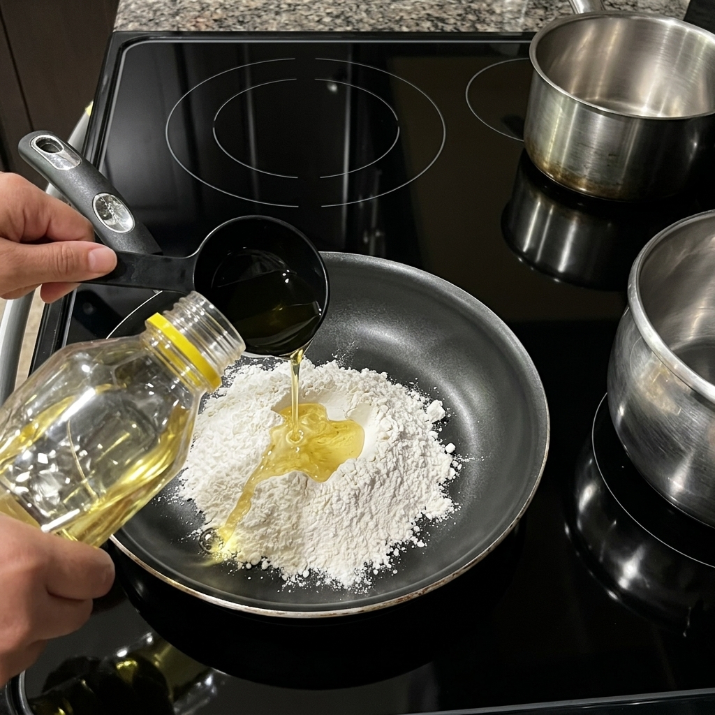 フライパンに入れた小麦粉に、ボトルからサラダ油を注いでルーを作り始める様子。