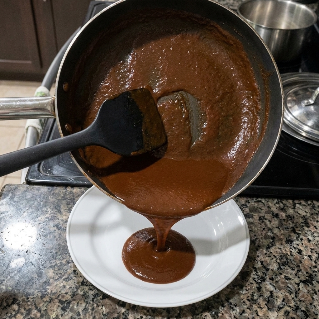 フライパンからダークチョコレート色の完成したルーを、ヘラを使って白い皿に移している様子。
