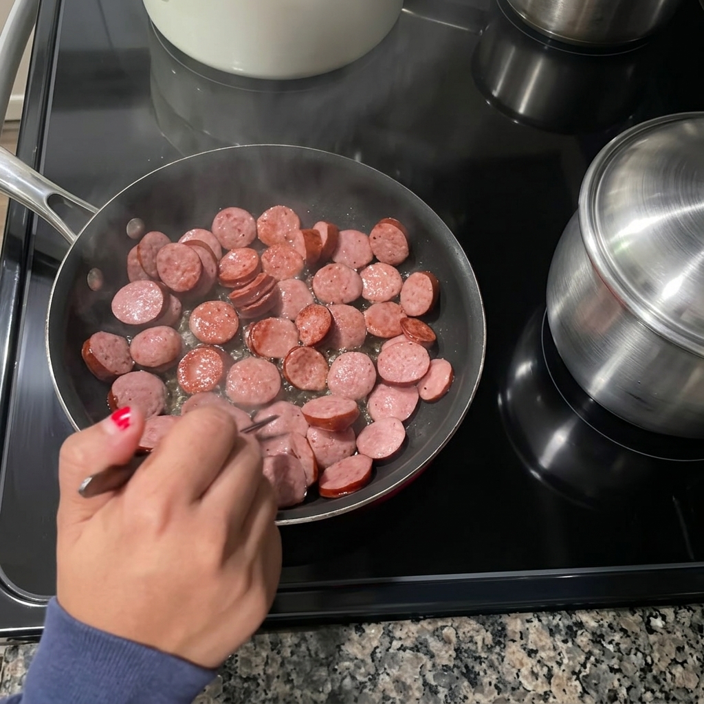 スキレットで焼かれているソーセージの輪切りを、フォークを使って裏返している様子。