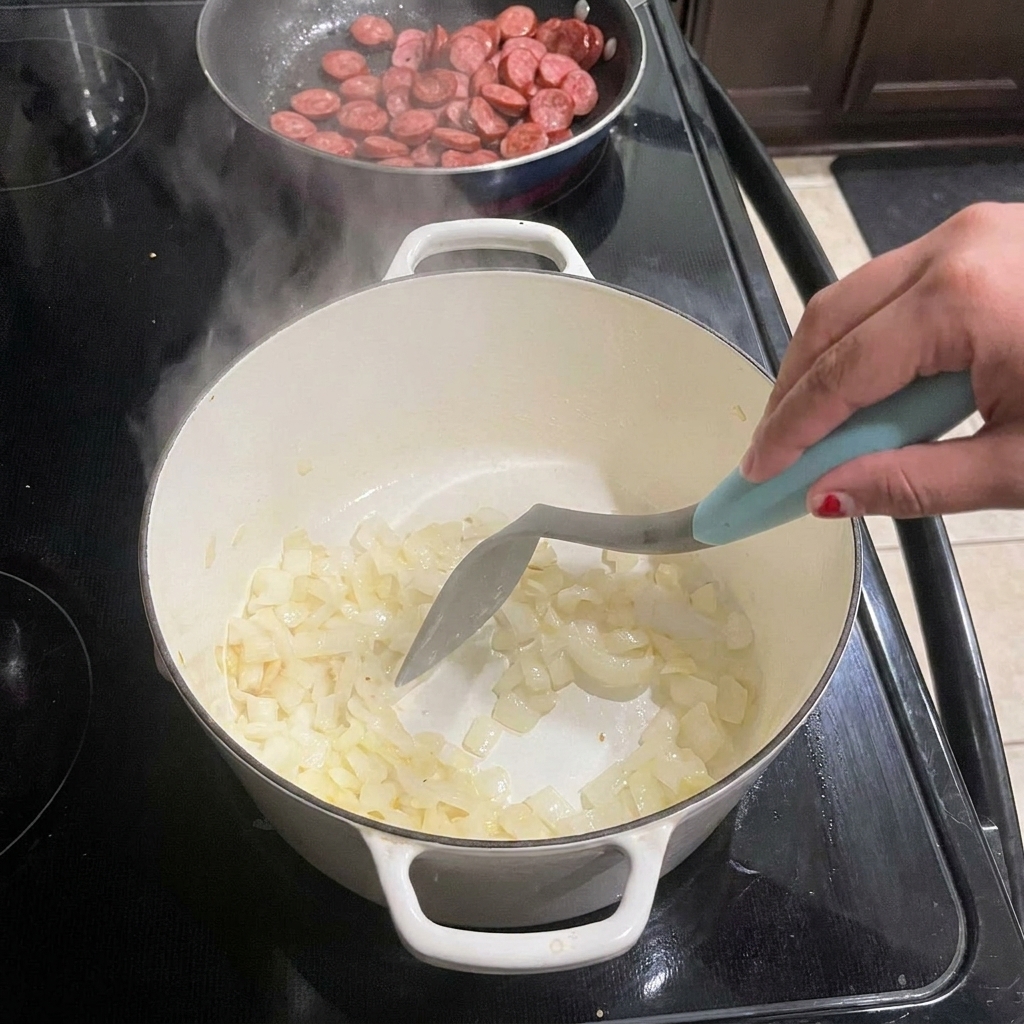 白い大きな鍋で玉ねぎをヘラで炒めている様子。後ろのスキレットではソーセージが焼かれている。