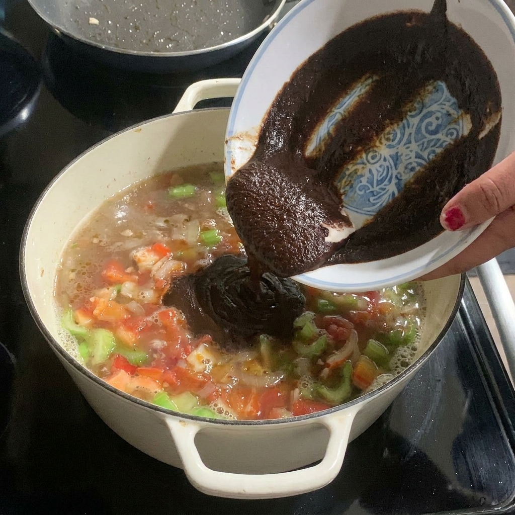 野菜や肉が入った鍋に、ボウルから濃厚なダークルーを注ぎ入れている様子。