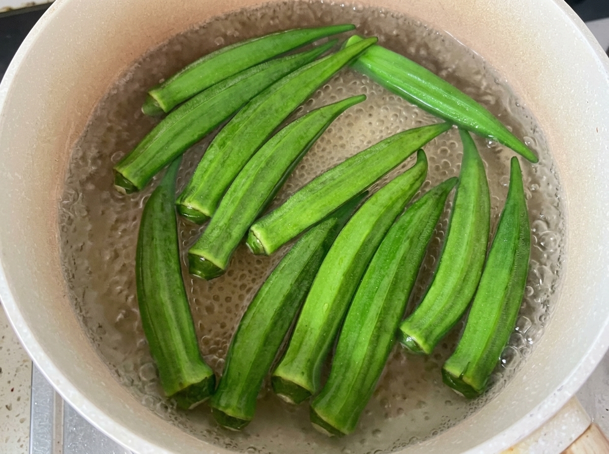 沸騰した鍋で茹でられる鮮やかな緑色のオクラ。