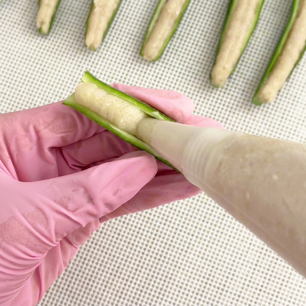 オクラの溝に鶏肉ペーストを絞り出す様子。