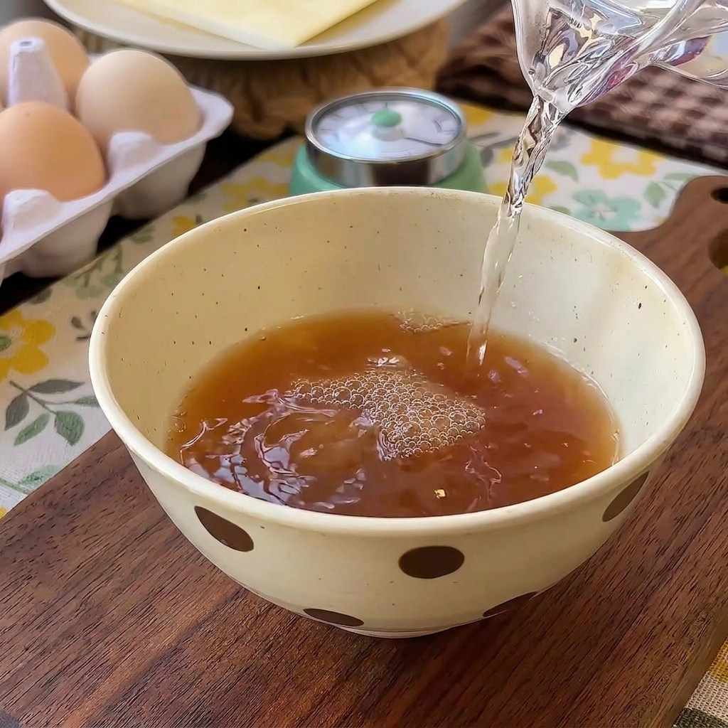 調味料が入ったボウルに、ピッチャーから透明な水が注がれ、表面に気泡ができている様子。