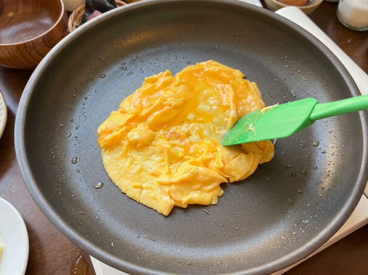 黒いフライパンの中で、緑色のスパチュラが固まり始めた黄色い卵を中心に向かって押し寄せている様子。
