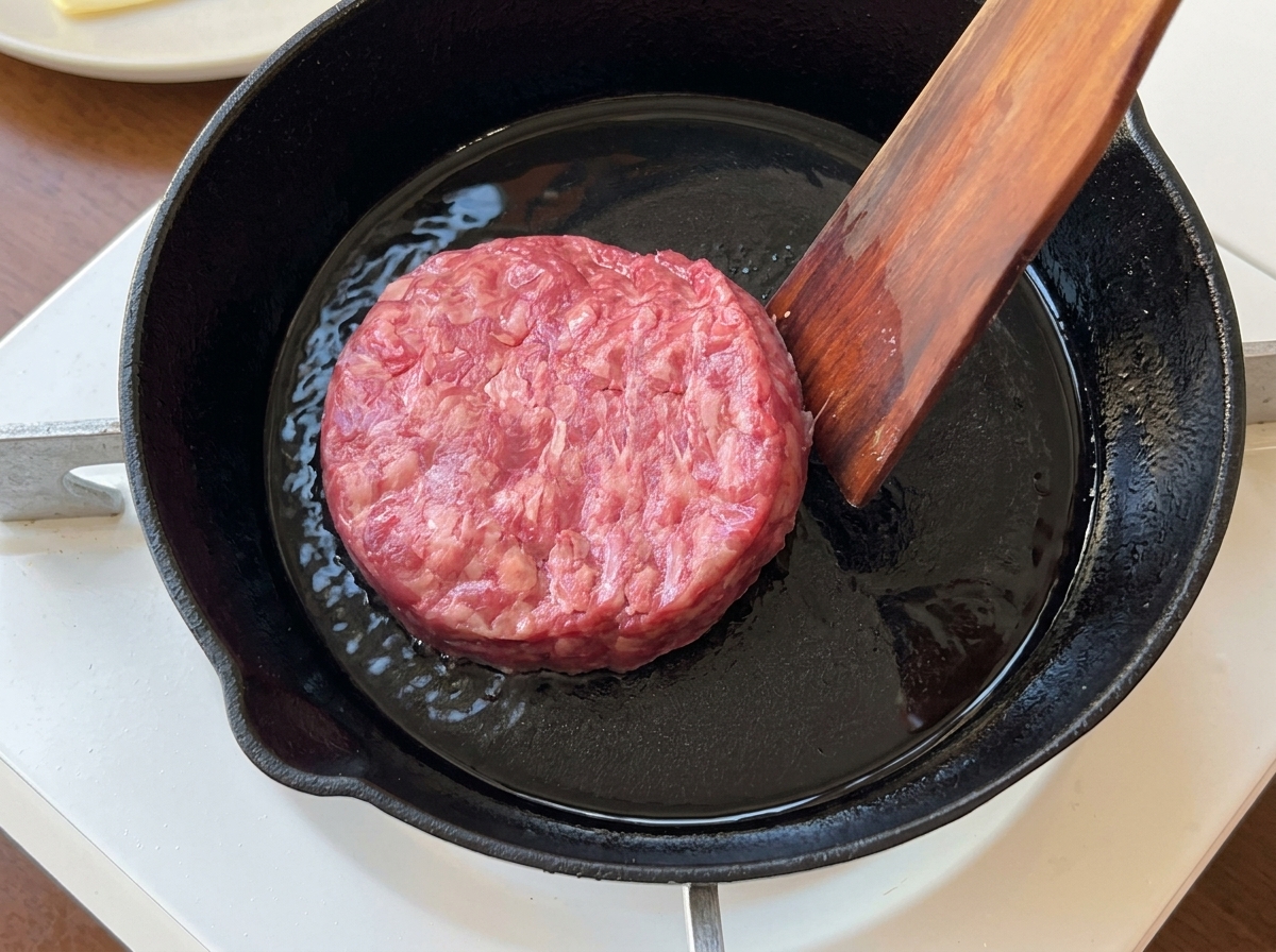 熱せられた黒いスキレットに、木製のスパチュラで生のハンバーグのタネを置く様子。