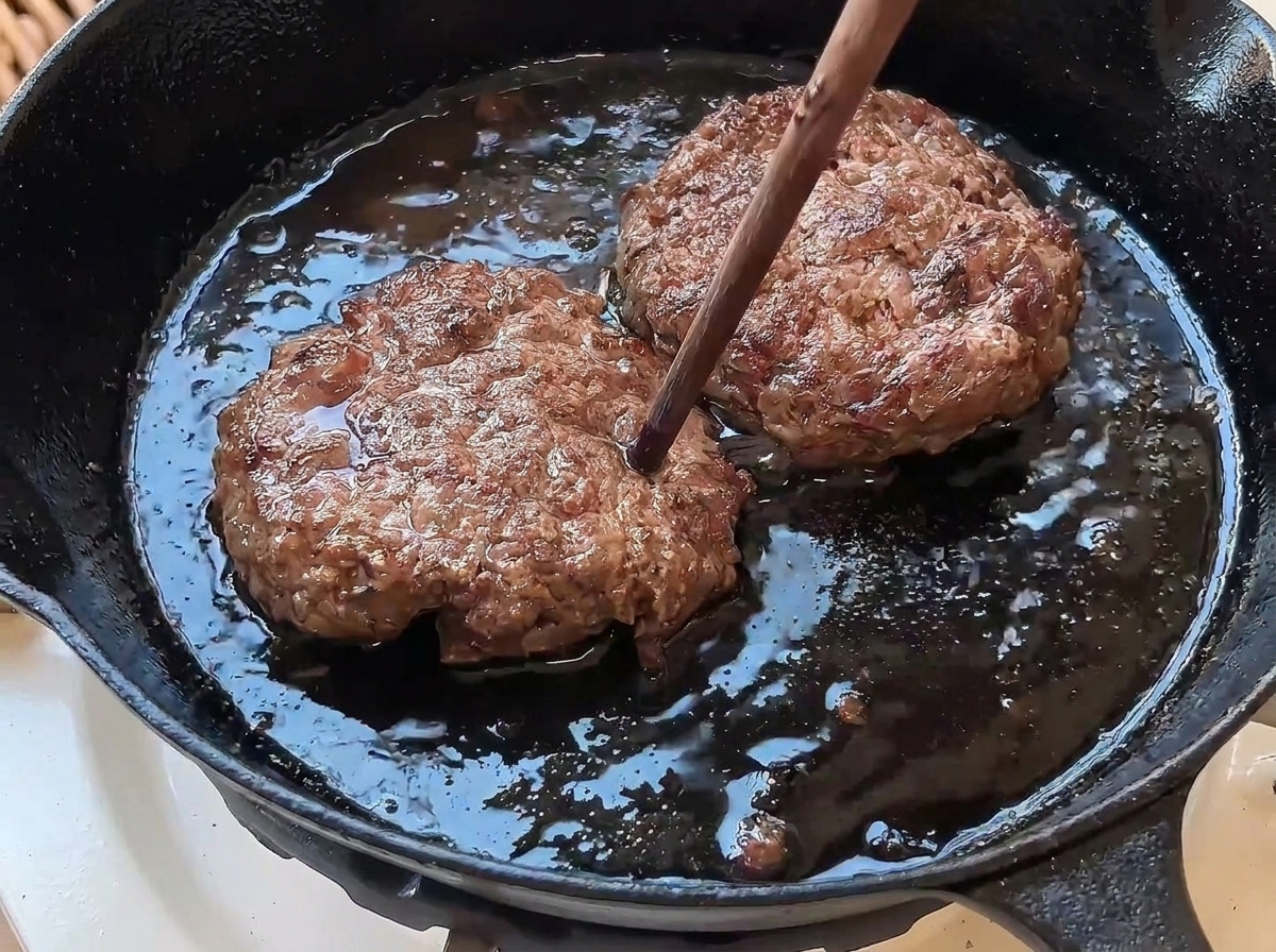 スキレットの中でこんがりと焼けたハンバーグの中心に、箸を刺して火の通りを確認している様子。
