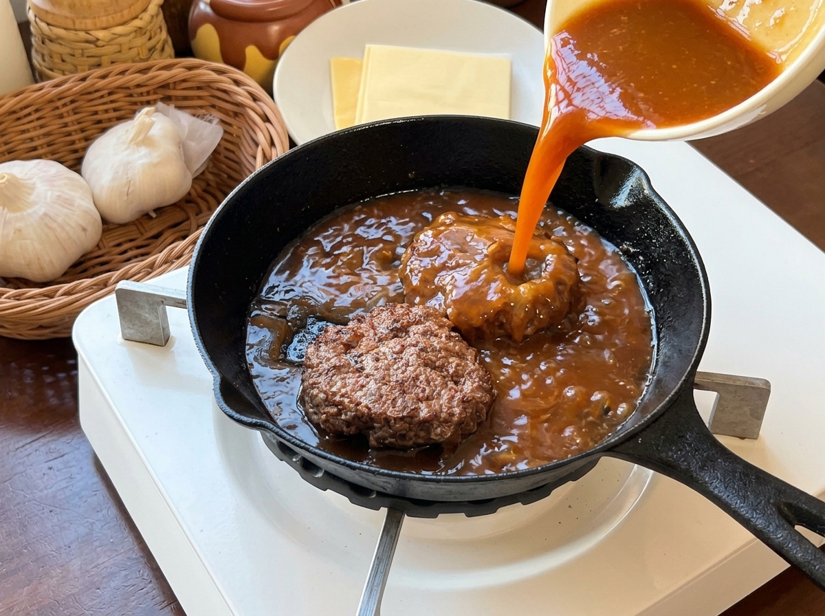 スキレットで焼けた2つのハンバーグの上から、白いボウルに入った茶色のソースをかけている様子。