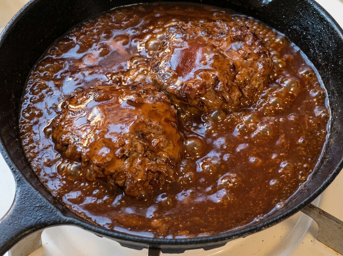 スキレットの中で、濃厚な茶色のソースがグツグツと泡立ち、ハンバーグに絡みながら煮詰まっている様子。