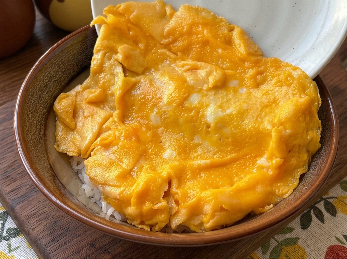 素朴な陶器の器に盛られた白いご飯の上に、鮮やかな黄色いふわとろ卵がのせられている様子。