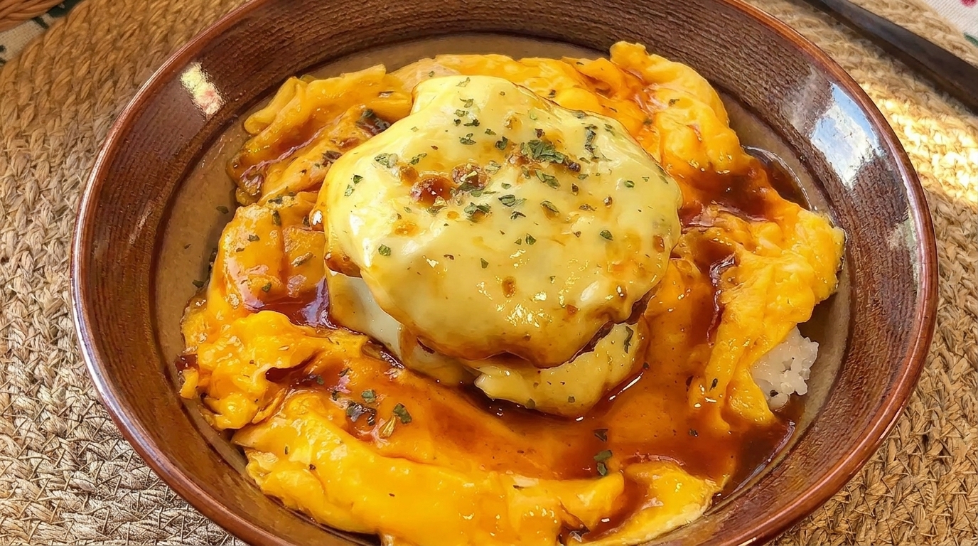 とろ〜りチーズのハンバーグ丼：ふわふわ卵のロコモコ風