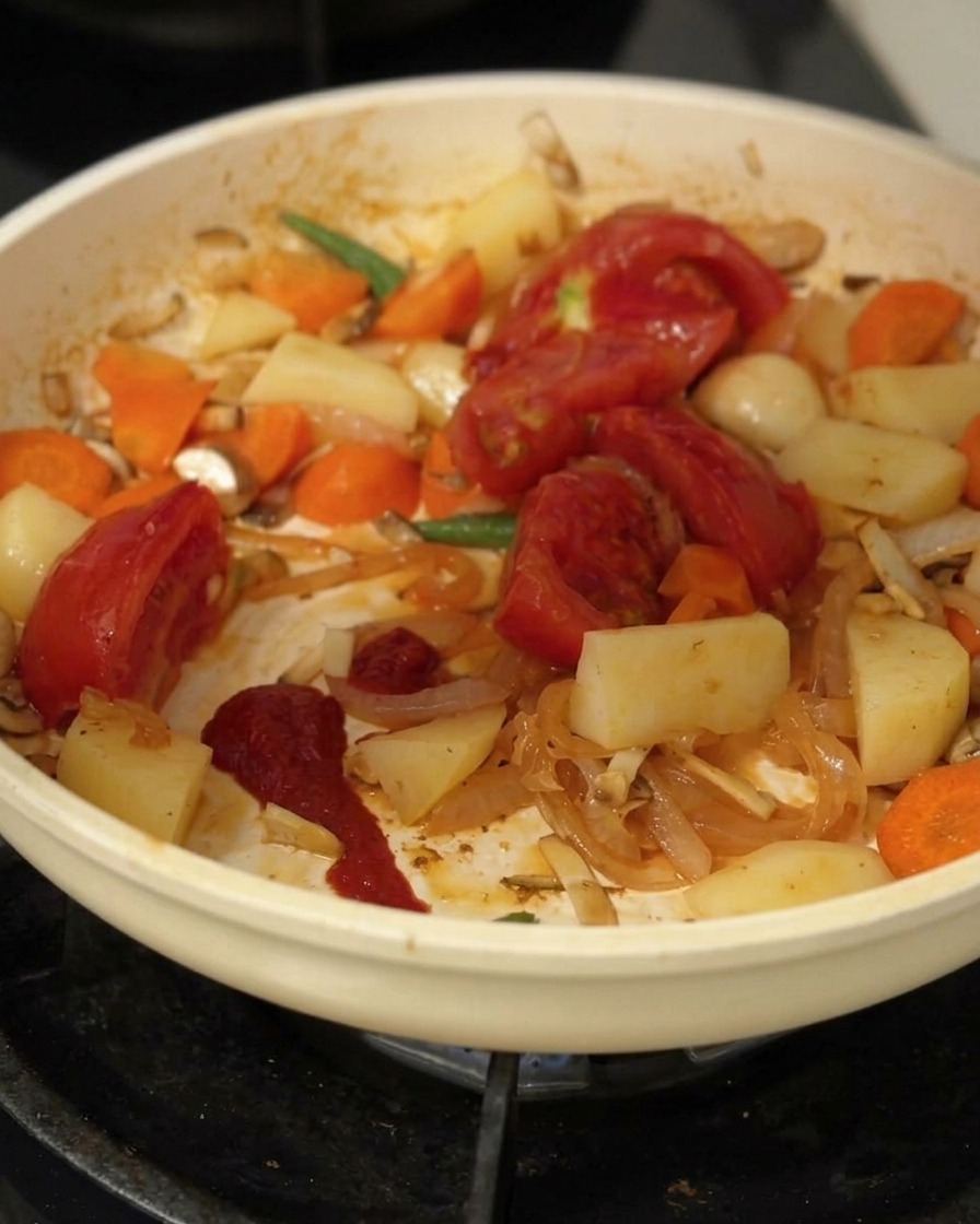 野菜を炒めたフライパンに、カットしたトマト、トマトペースト、カレールーを加えた様子。