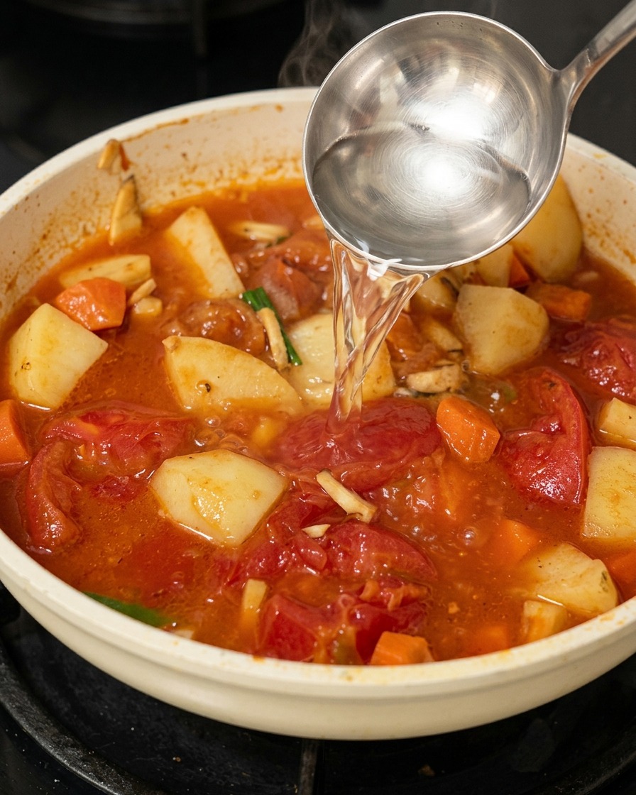 赤みがかったカレーベースに、お玉で熱々のお湯を注ぎ入れている様子。