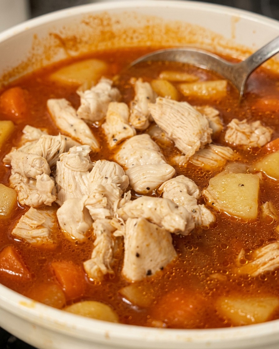 煮上がったカレーの中に、取り出しておいた鶏肉を戻して混ぜ合わせている様子。