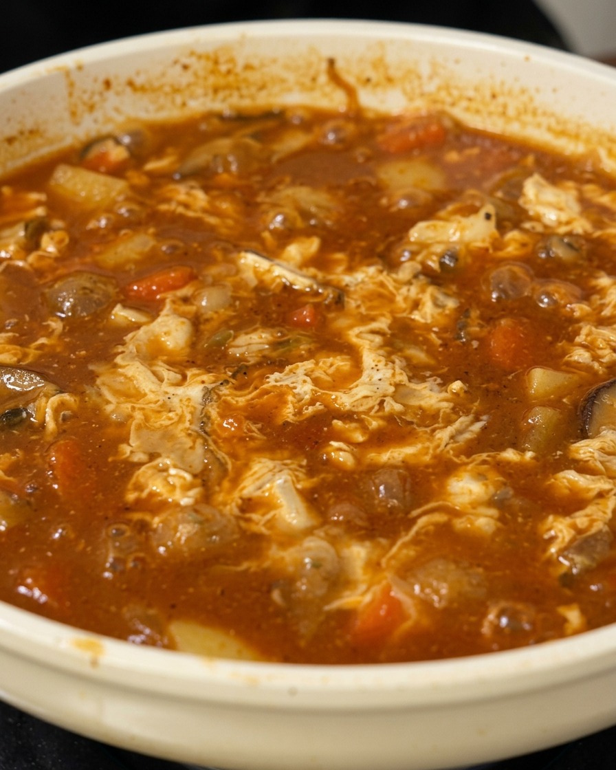 ふつふつとしたカレーに牛乳が混ざり、まろやかな色合いに変わっていく様子。
