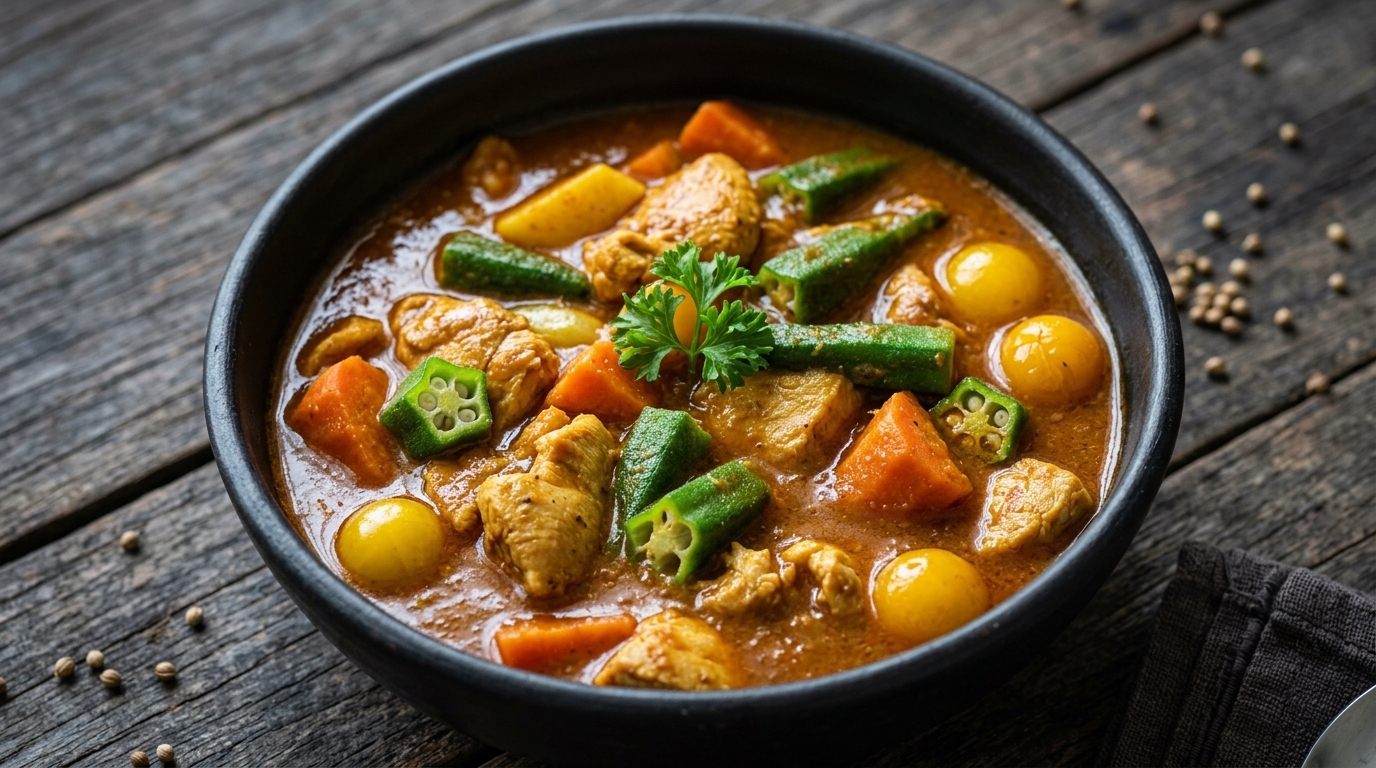 ミニトマトが彩りを添える、パスタと相性抜群の濃厚な鶏肉とオクラのカレー。