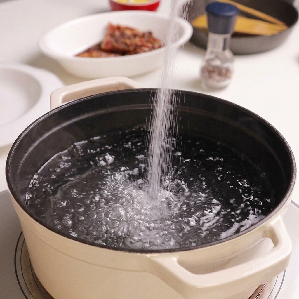 激しく沸騰した白い鍋の中に塩が投入されている様子。