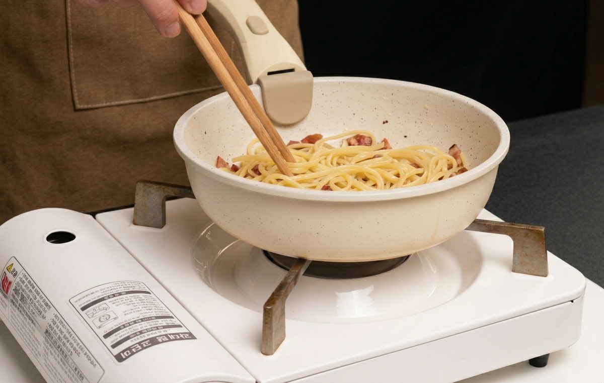 火を止めたフライパンの中で、パスタと肉を箸で混ぜ合わせている様子。