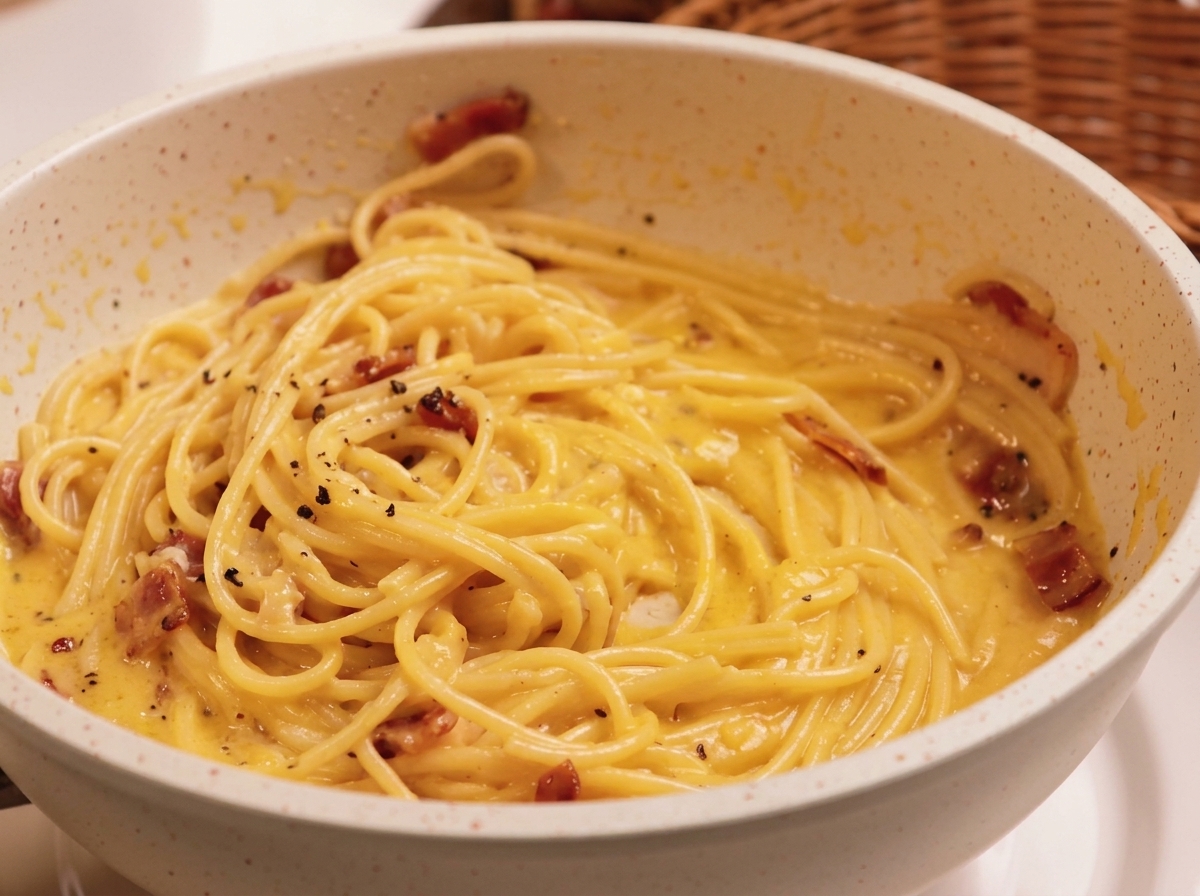艶やかでクリーミーなソースがパスタ全体に絡んでいる完成間近の様子。
