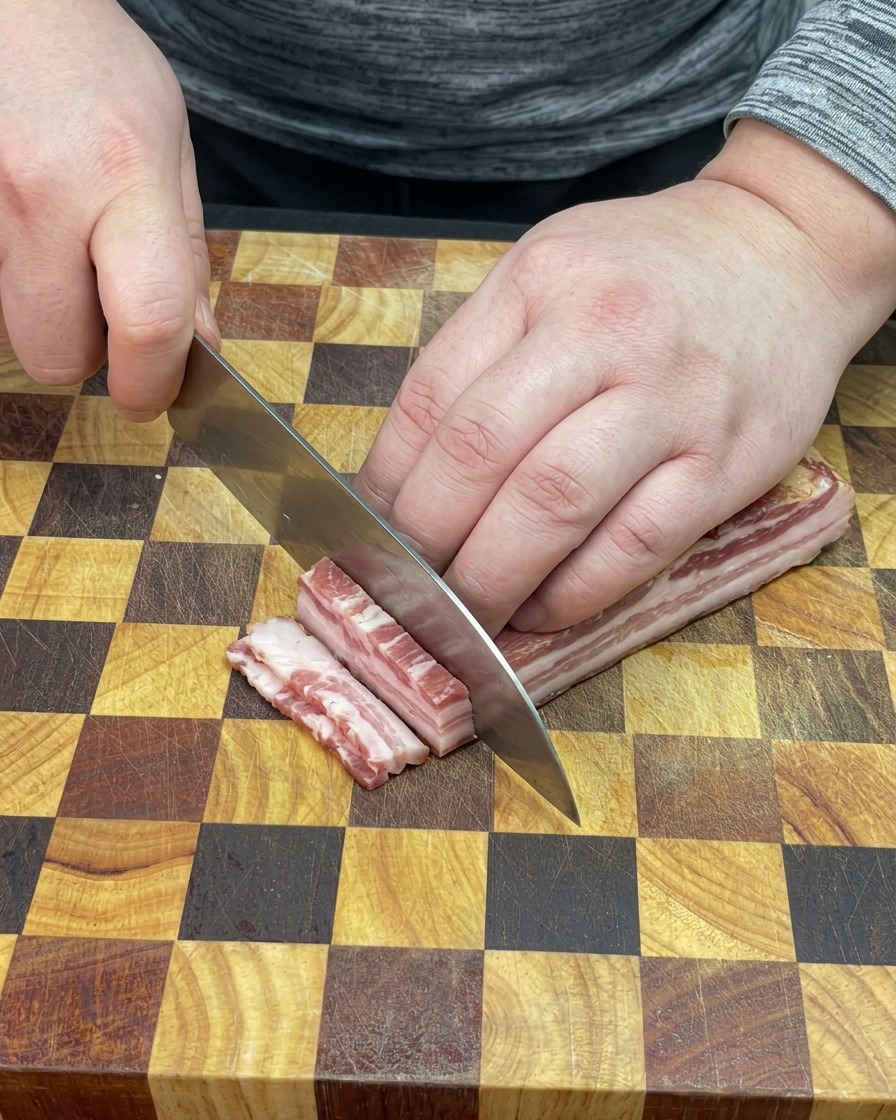 厚切りのベーコンを細かくダイス状にカットする様子。