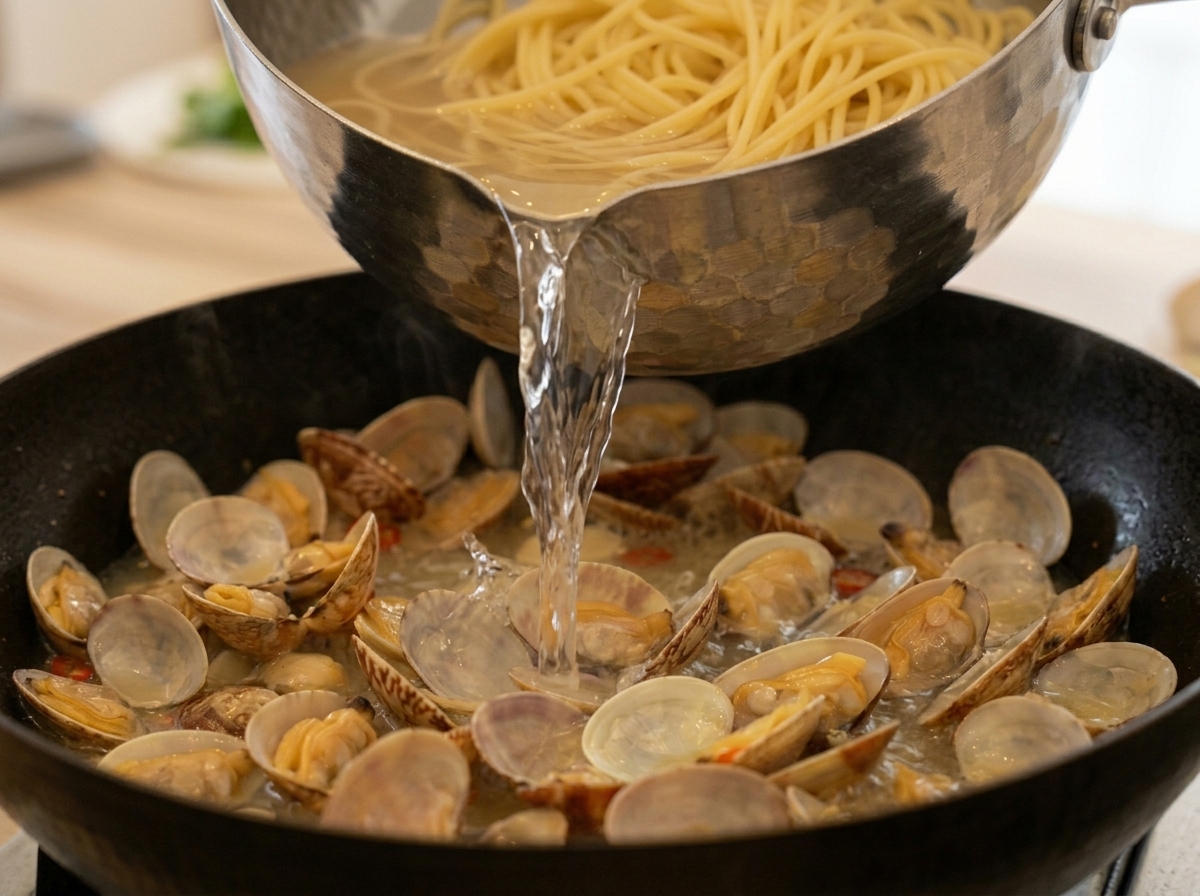 茹で上がったパスタをあさりの出汁が入ったフライパンに入れている様子。