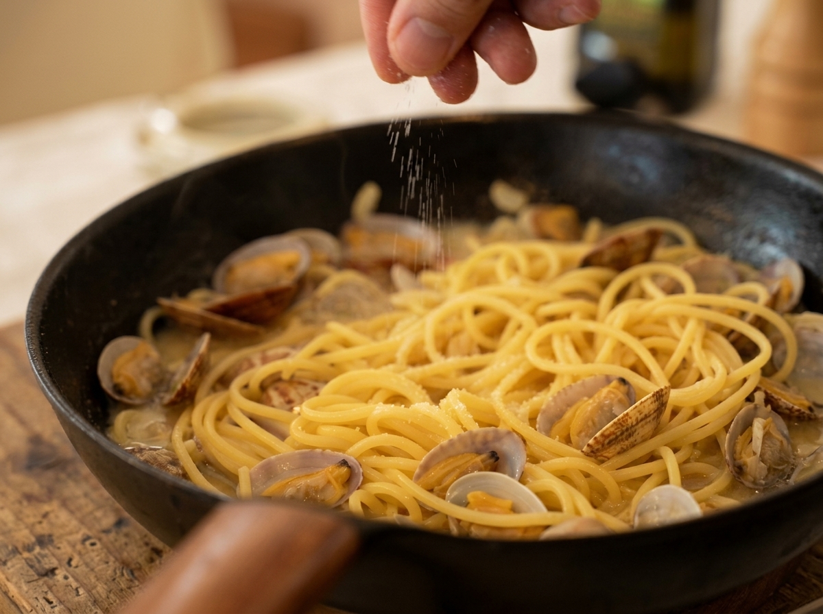 パスタに黒こしょうと塩を振っている様子。