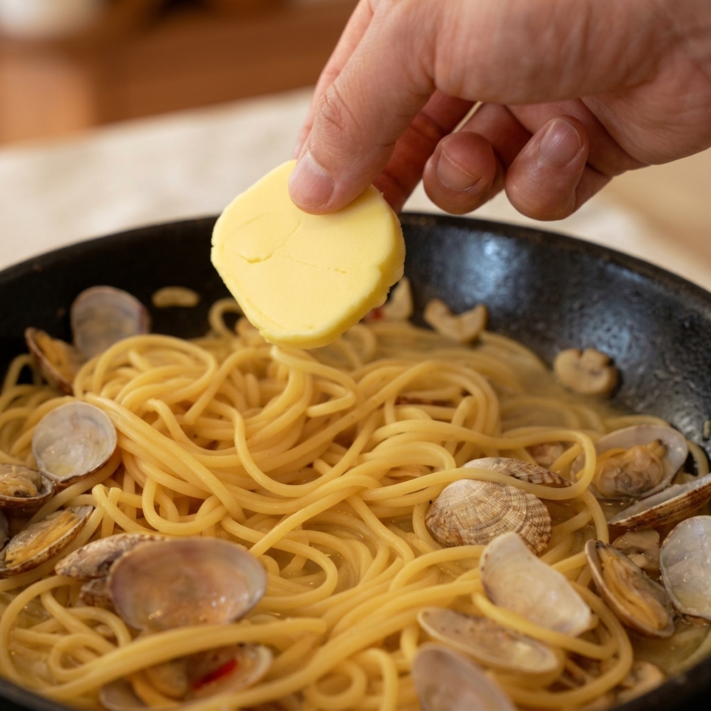パスタの上にひとかけのバターをのせている様子。