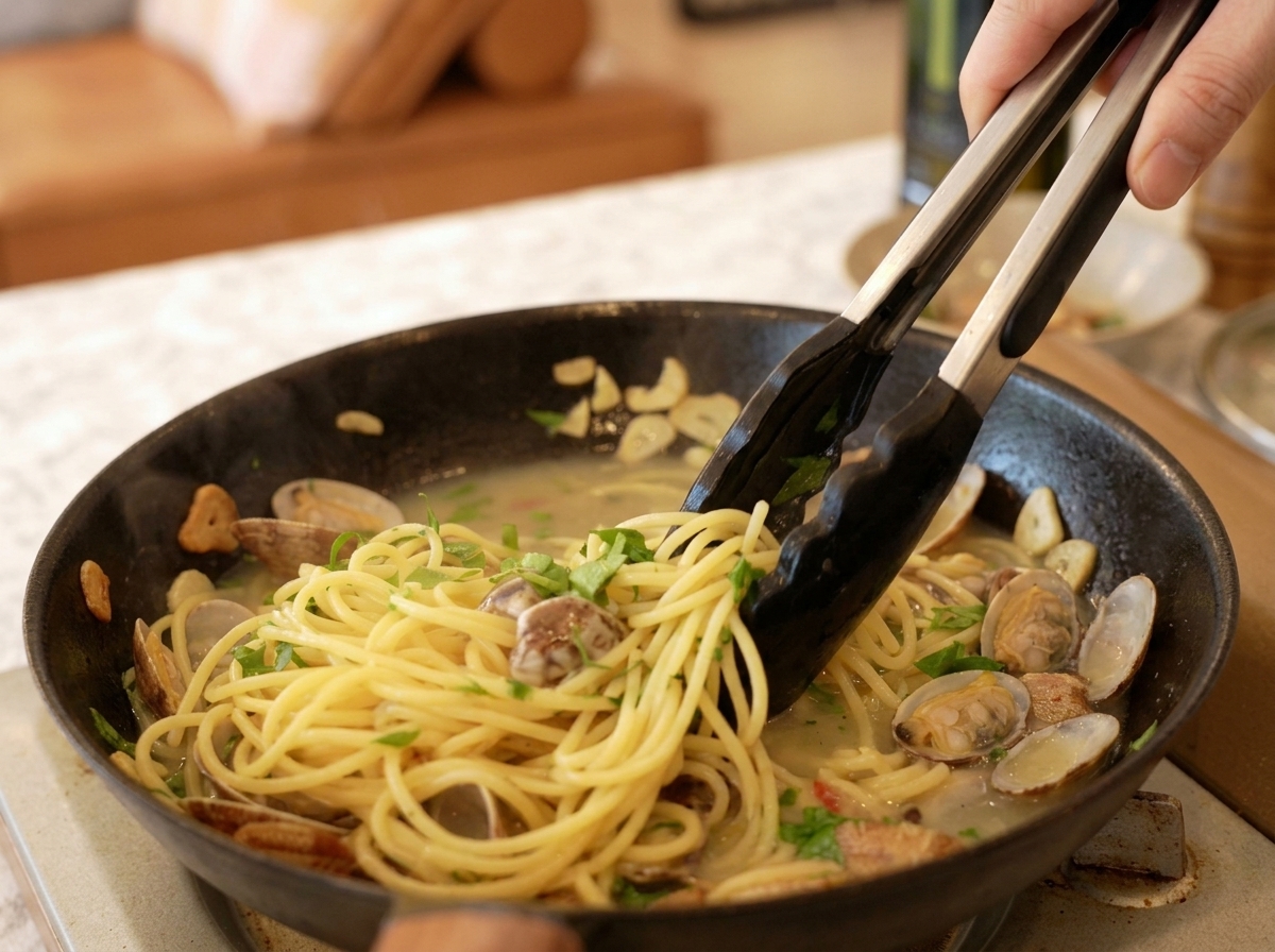 パスタ、あさり、パセリをトングで混ぜ合わせている様子。