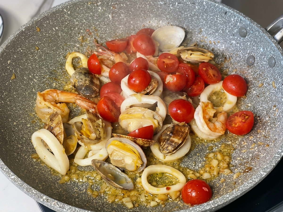 魚介が入ったフライパンにミニトマトを投入する様子。