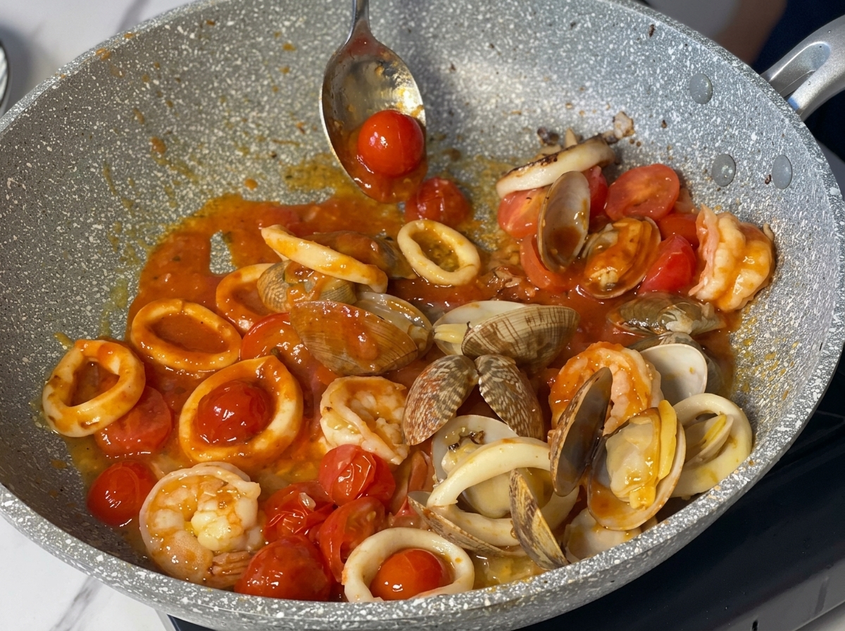 ソースと魚介をじっくり混ぜ合わせながら煮込んでいる様子。