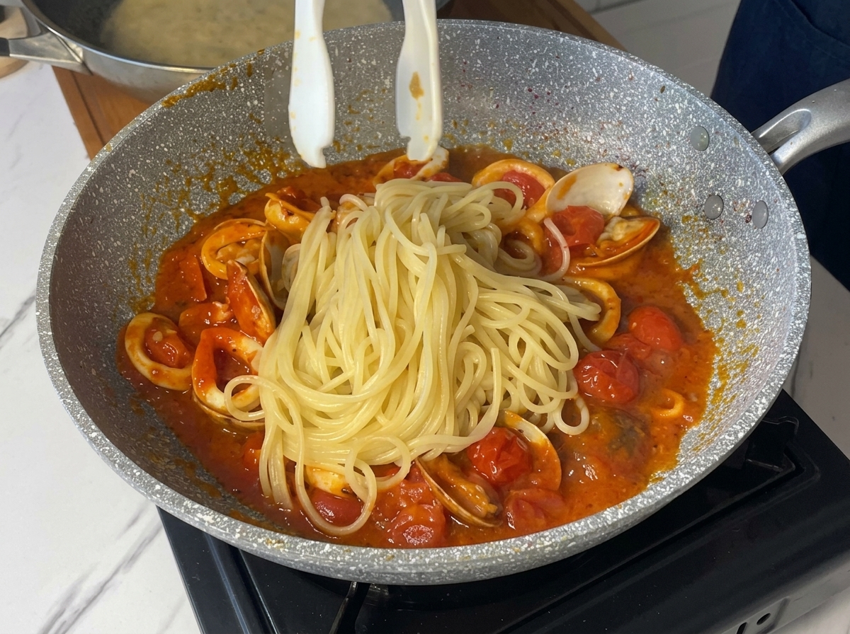 茹で上がったパスタをフライパンに移す様子。