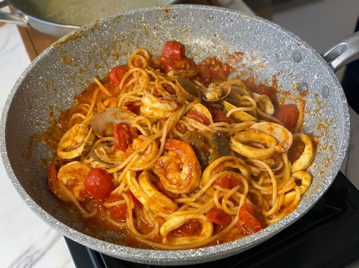 パスタとソースが完璧に混ざり合い、盛り付け直前の様子。