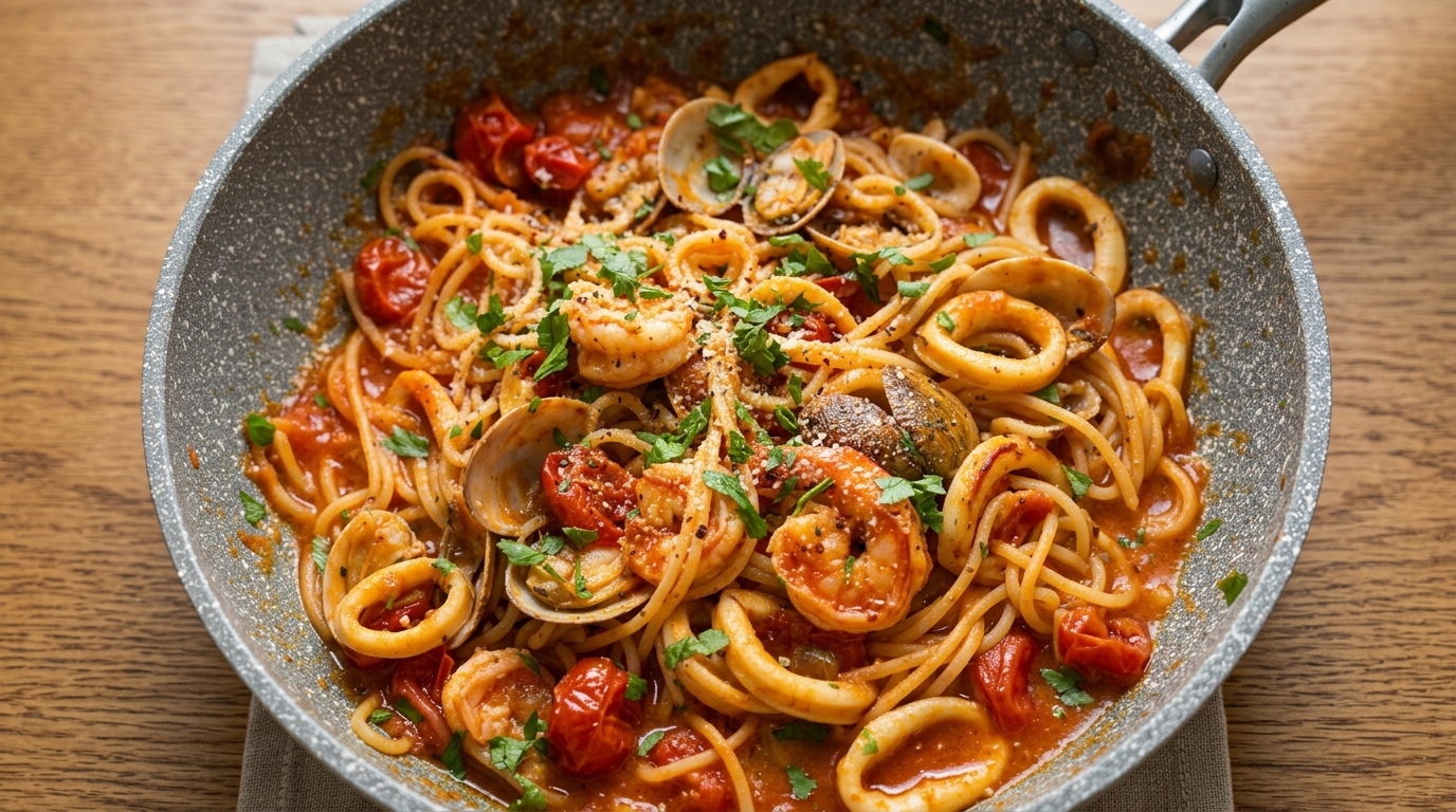 海の幸たっぷり！魚介のトマトソースパスタ