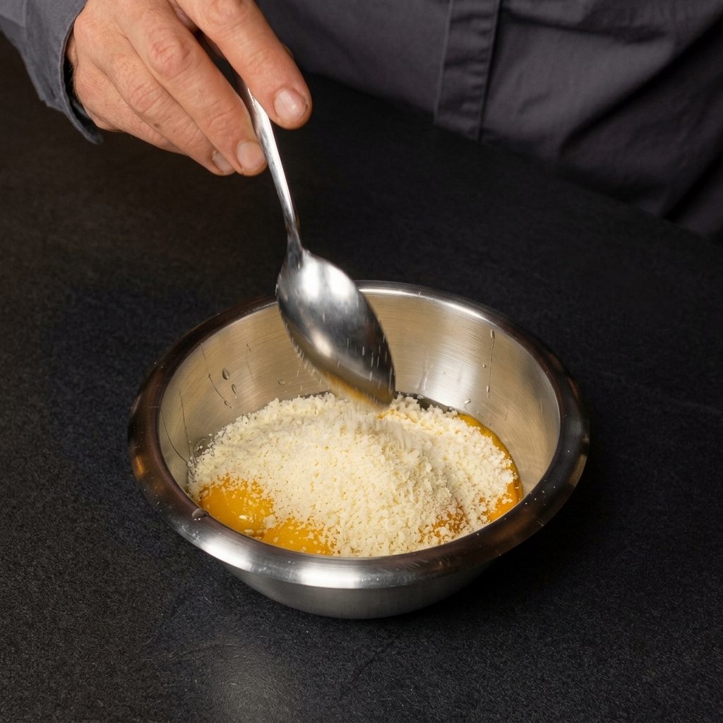 スプーンを使って、細かくすりおろしたチーズを卵の入ったステンレスボウルに加えている手。