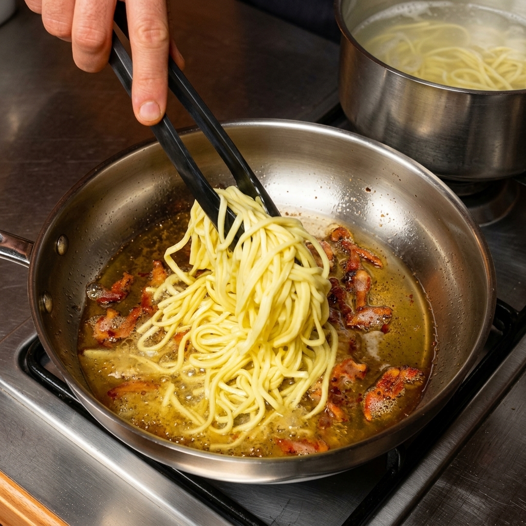 黒いトングで太いスパゲッティを熱湯から持ち上げ、熱い脂と焼き色のついたグアンチャーレの破片が入ったステンレスのフライパンに移している様子。