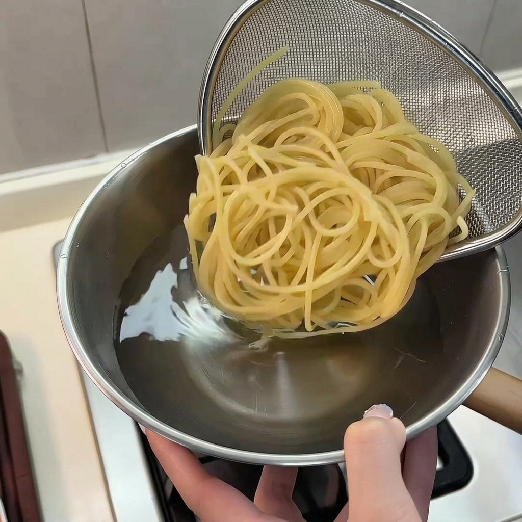 茹で上がったスパゲッティを、ステンレス製のざるを使って熱湯の入った鍋から持ち上げているところ。