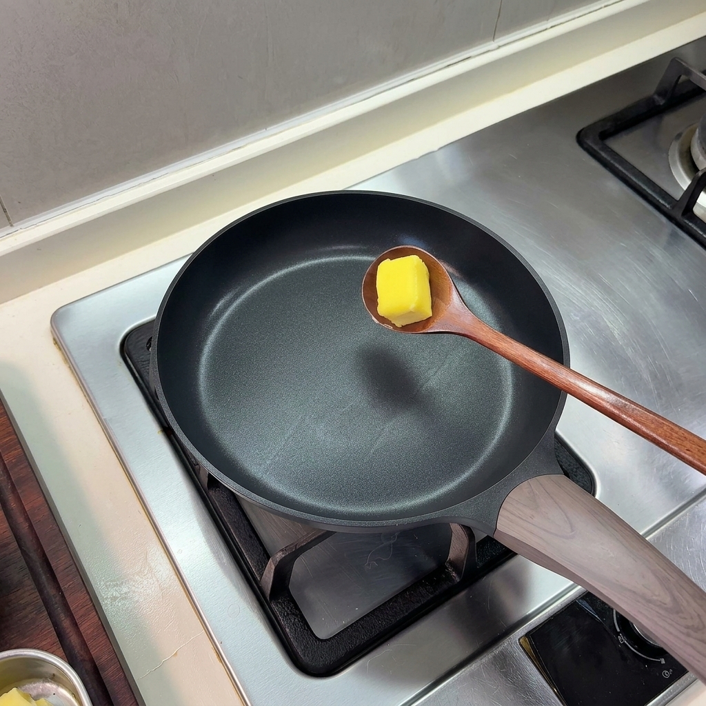 熱した黒いフライパンの上で、木製のスプーンに乗せられた四角い黄色のバター。