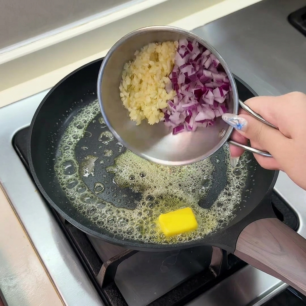 小さな金属製のボウルから、みじん切りにした赤玉ねぎとにんにくを、溶けたバターが泡立つフライパンに流し込んでいる様子。