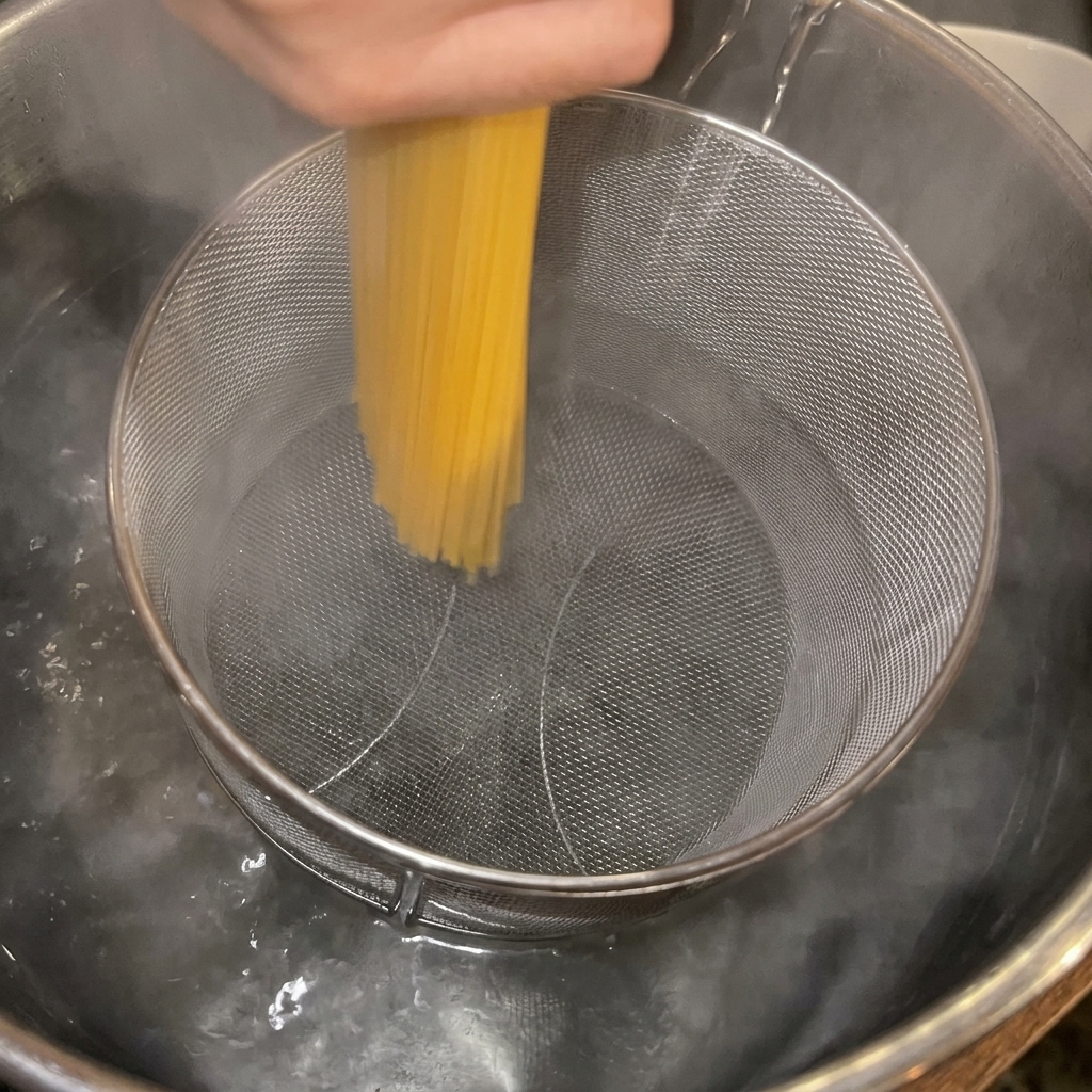 大きな鍋にスパゲッティを入れ、塩を加えた熱湯で茹でている様子。