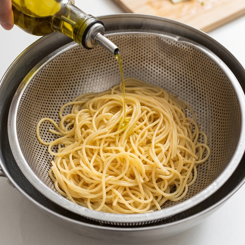 ザルに上げたスパゲッティにオリーブオイルを回しかけている様子。