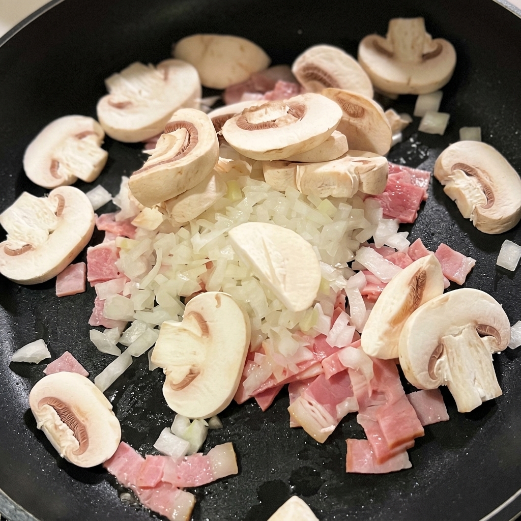 炒めたベーコンに玉ねぎとマッシュルームを加えて炒め合わせている様子。