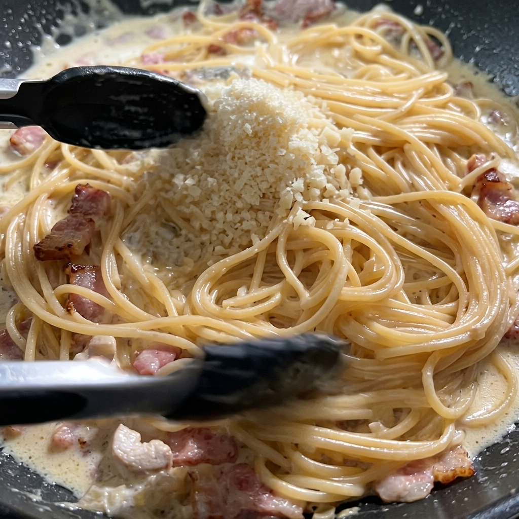 パスタの上に削ったパルメザンチーズを乗せ、卵黄を加える準備をしている様子。
