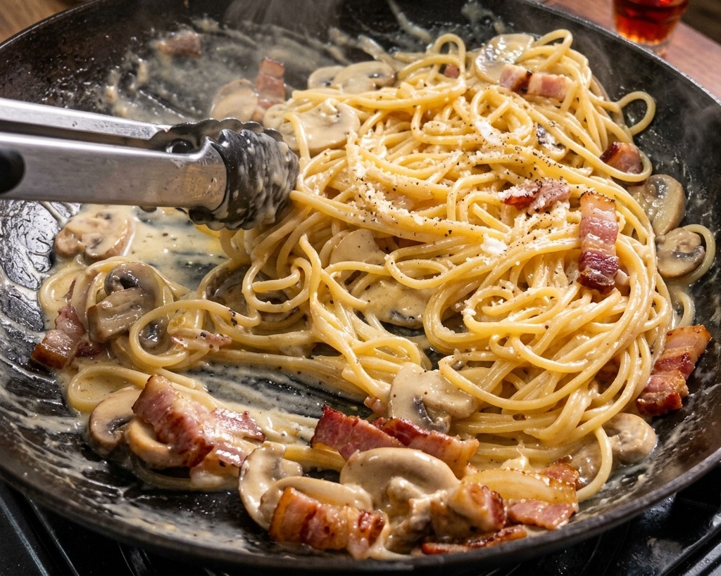トングを使ってパスタと濃厚なソースを力強く混ぜ合わせている様子。