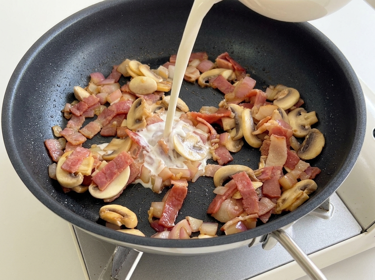炒めた具材が入ったフライパンに、牛乳を注ぎ入れる様子。