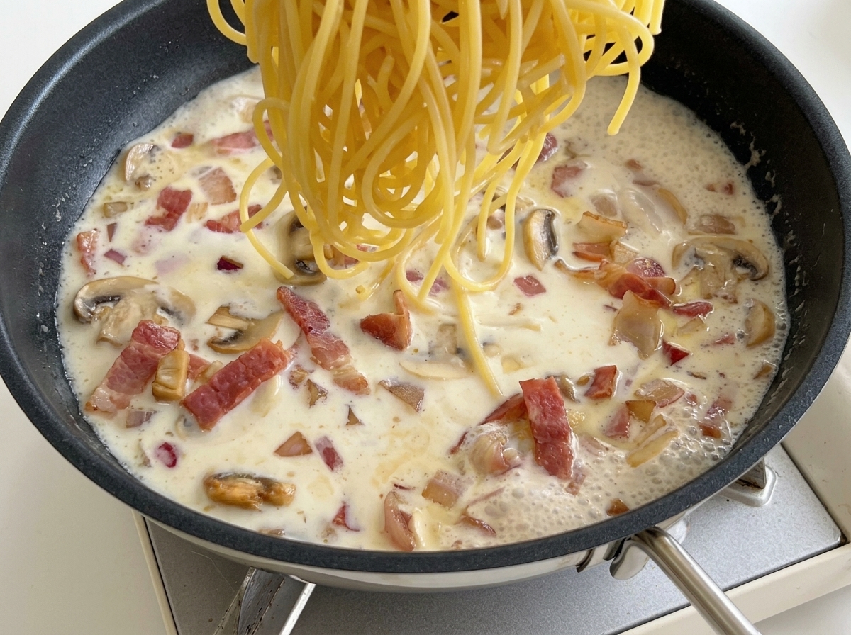 沸騰したミルクソースにスパゲッティを加える様子。